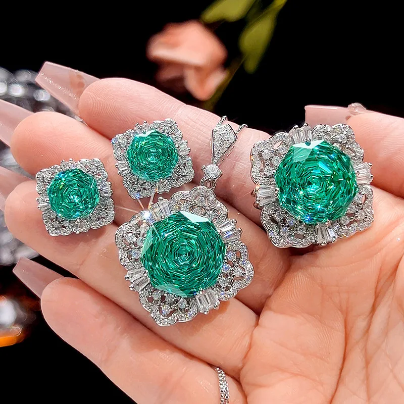 Millennium Cut 16-10mm High Quality Zircon Para Green White Gold Plated Elegant Jewelry Set Retro Trendy