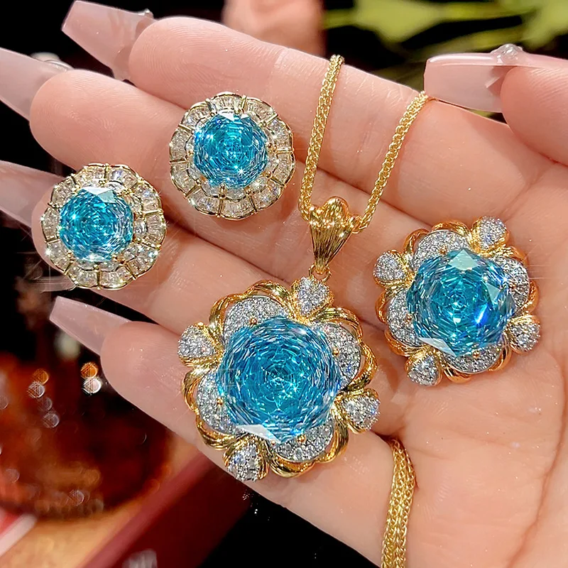 Aqua 16-14mm High Quality Zircon Vintage Brushed White Gold Plated Luxury Jewelry Set Retro Trendy