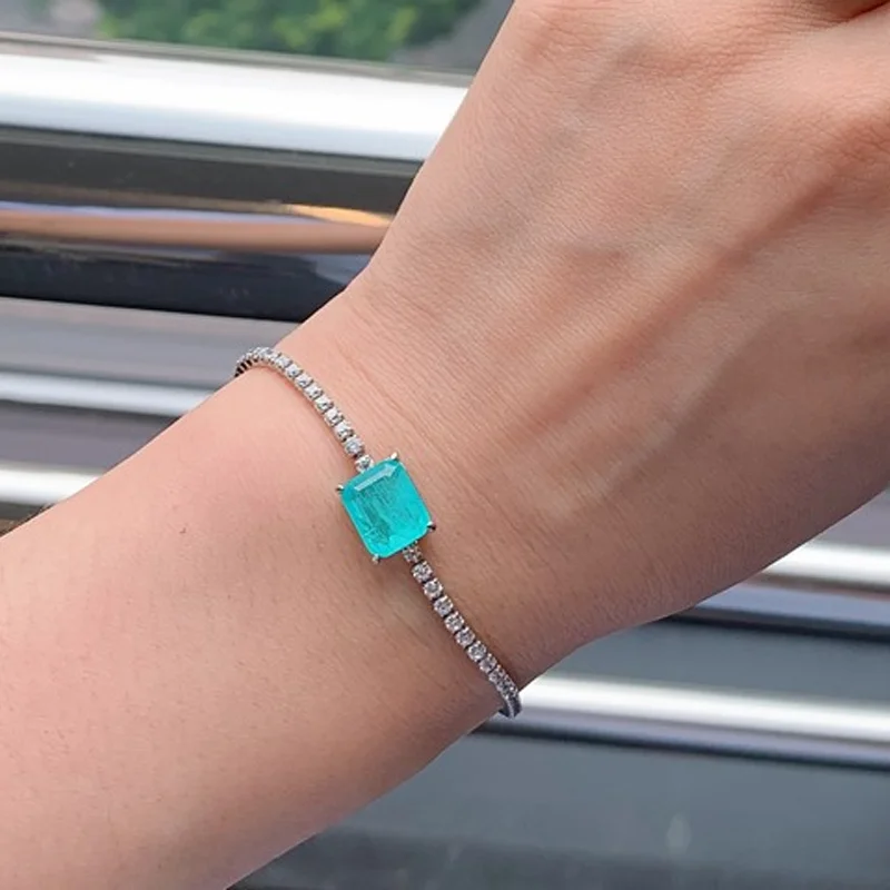 Paraiba Emerald Gemstone Charm Tennis Bracelet For Women Sterling Silver copper alloy Zircon Bangles New Trend Jewelry Girl Gift
