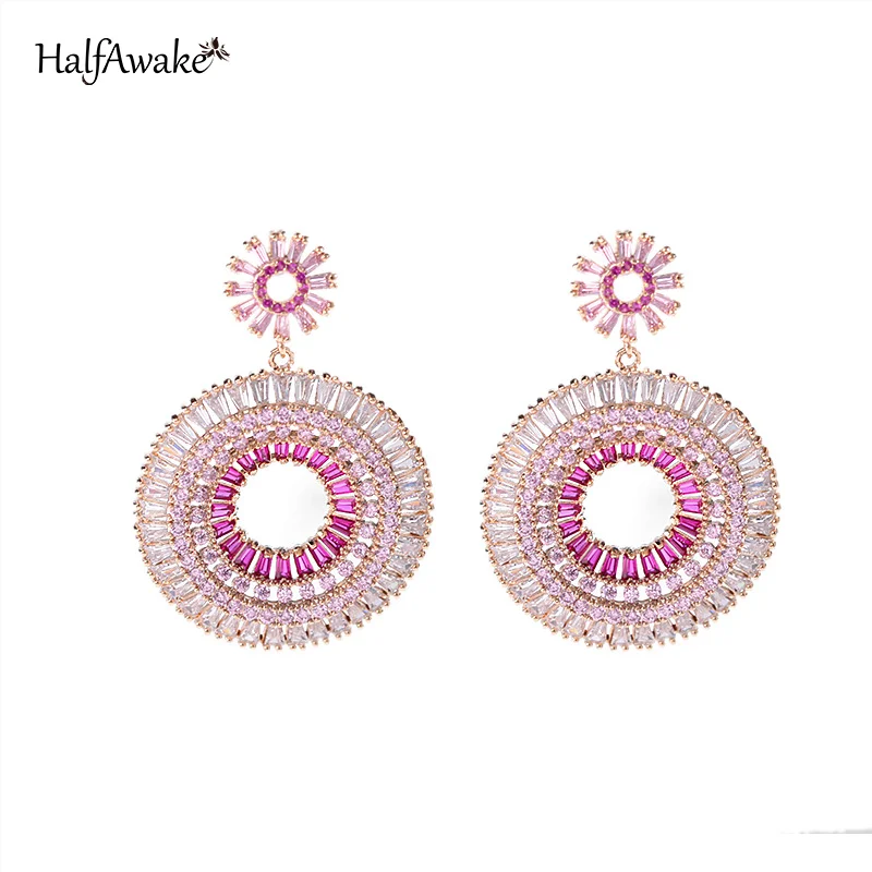 Delicate Pink Blue Hoop Round Cubic Zirconia Stud Earrings For Women S925 Silver Needle Piercing Popular Party Accessories
