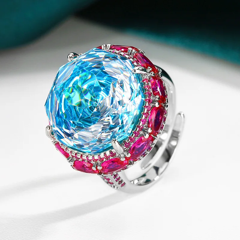 18mm Big Blue Pink Zircon Diamond Jewelry Set For Women Girl  Sparkling Rose Cut Stone Necklace Adjustable Ring Wedding Gift