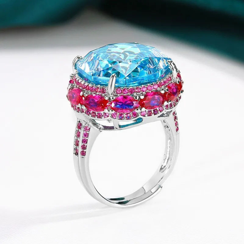 18mm Big Blue Pink Zircon Diamond Jewelry Set For Women Girl  Sparkling Rose Cut Stone Necklace Adjustable Ring Wedding Gift
