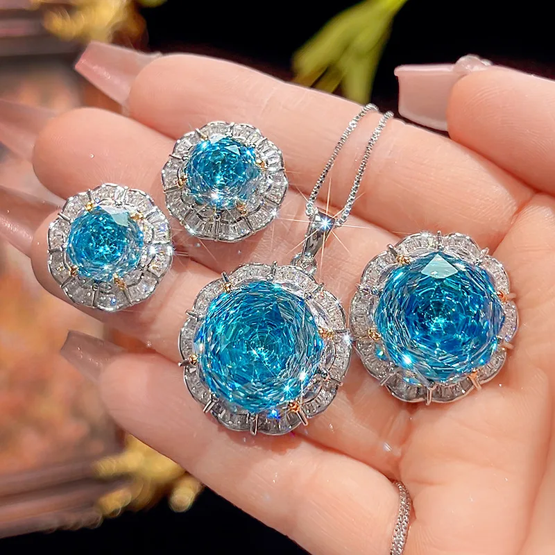 Rose Cut 16-10mm High Quality Zircon Aqua Blue White Gold Plated Elegant Jewelry Set Bridal Party Fashion Trendy