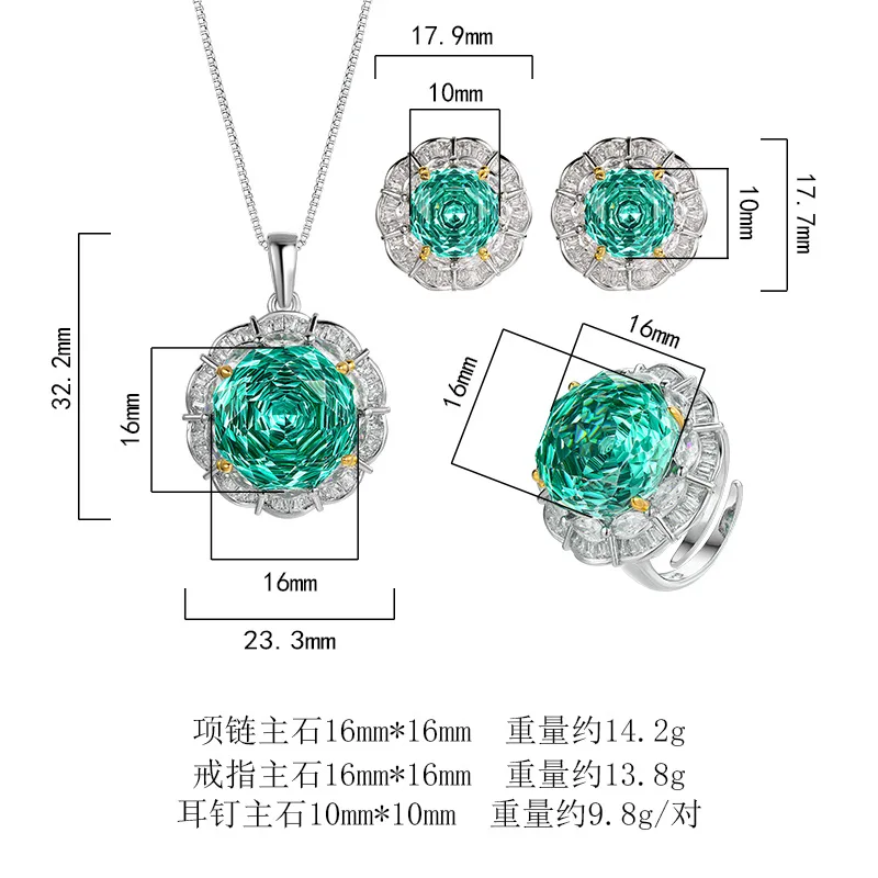 Rose Cut 16-10mm High Quality Zircon Para Green White Gold Plated Elegant Luxury Jewelry Set Bridal Wedding Trendy Statement