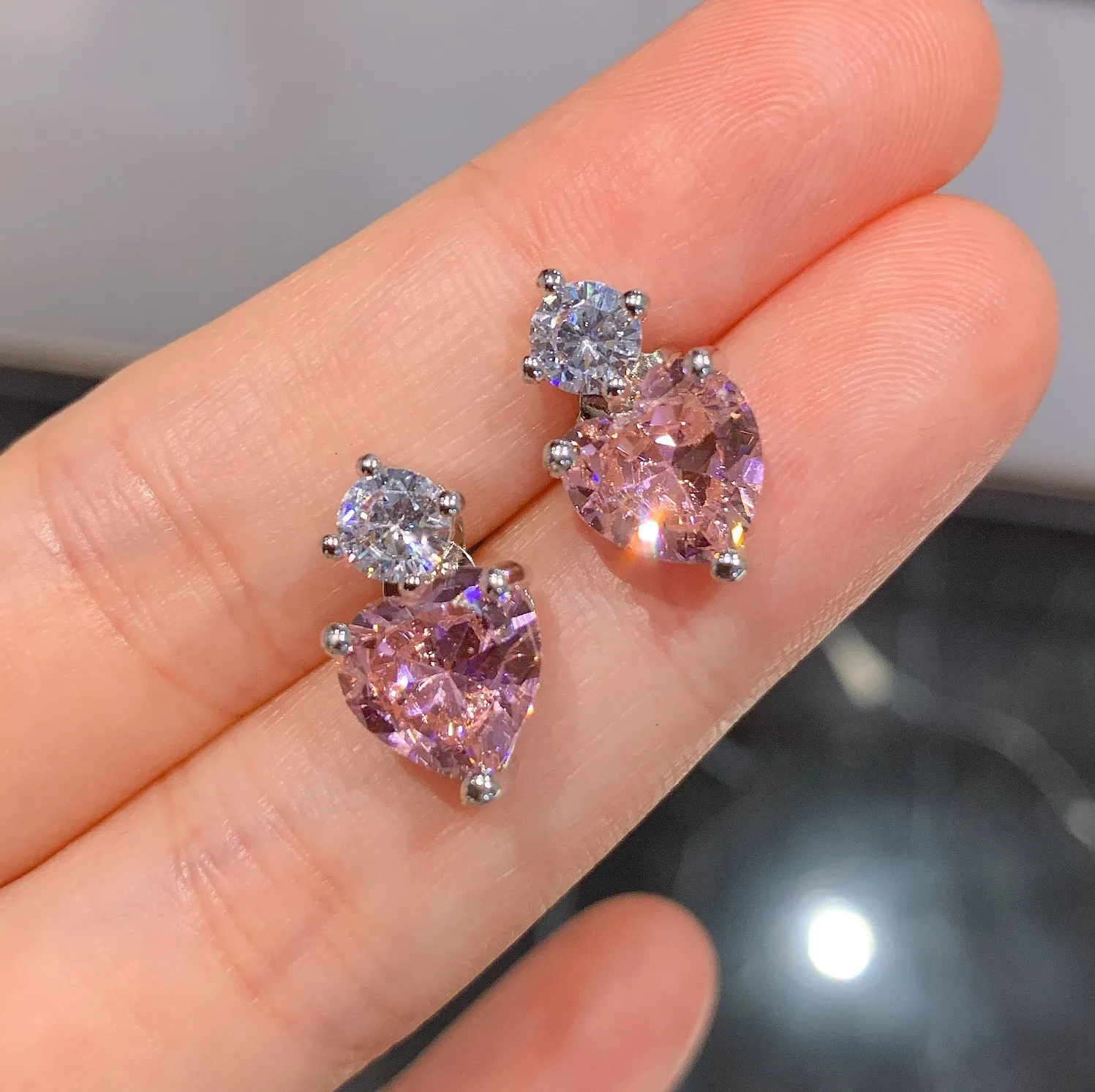 Romantic Pink Heart High Carbon Diamond S925 Silver Jewelry Set Pendant Necklace Earrings For Women Luxury Valentine's Day Gift