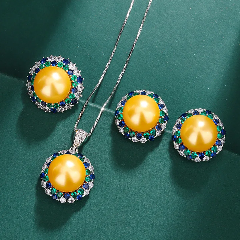 Pearl Necklace Jewelry Sets For Women Silver Needle Tahiti Earrings Set Emerald Zircon Rings Mothers Day Gift Set Luxury Charm