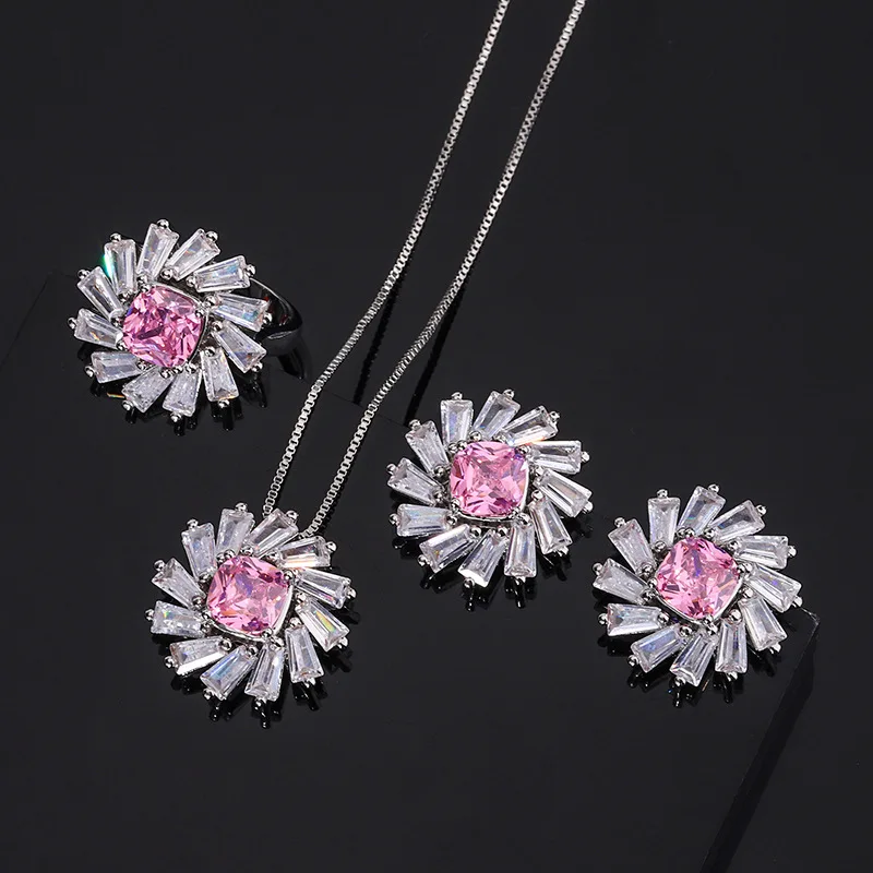 Beautiful Jewelry Set Fashion Pink Flower Pendant Necklace Zircon Rings For Women Small Earrings Cute Charm Valentine's Day Gift