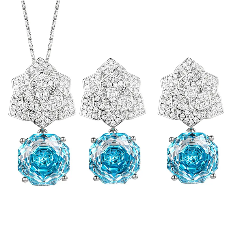 Rose Cut 12mm High Quality Zircon Aqua Petal White Gold Plated Pendant Jewelry Set Bridal Trendy Elegant