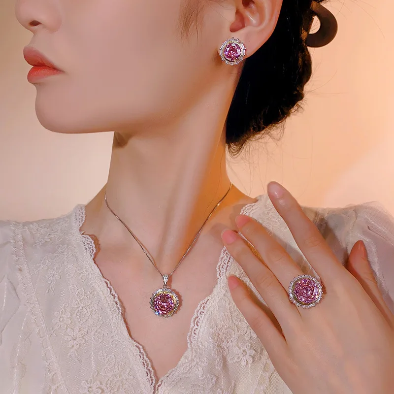Millennium Cut 14-10mm High Quality Zircon Dried Rose White Gold Plated Round Jewelry Set Casual Gift Fashion