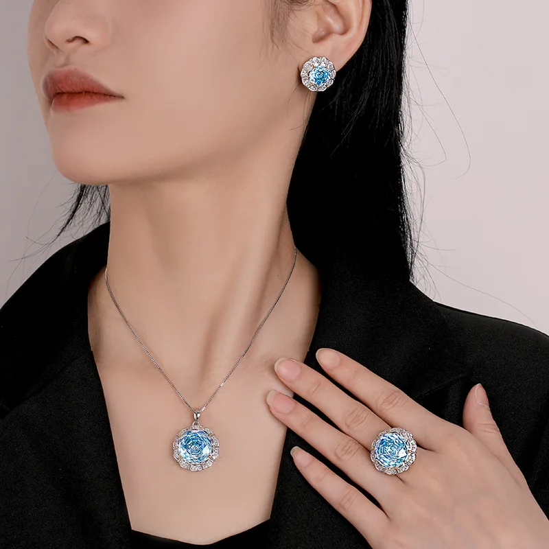 Rose Cut 16-10mm High Quality Zircon Gradient White Gold Plated Elegant Jewelry Set Bridal Wedding Fashion