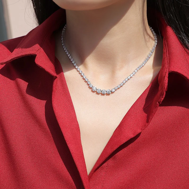 Elegant Full Moissanite Necklace For Women 925 Sterling Silver Tennis Chain Luxury Designer Jewelry Popular Anniversary