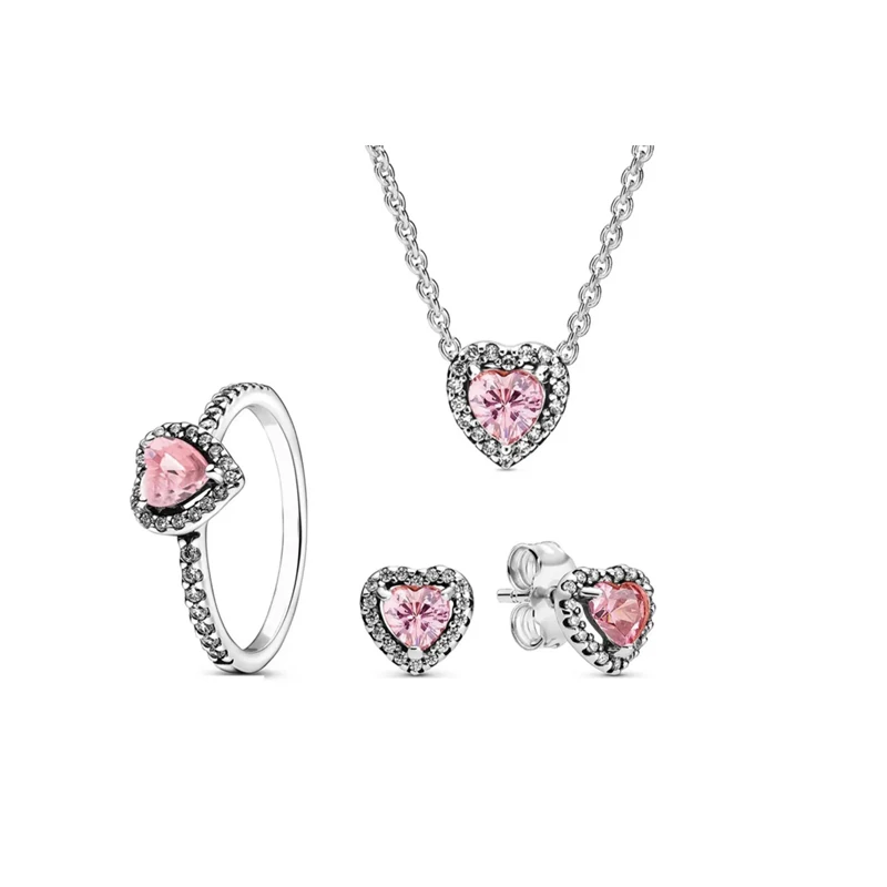 925 Silver Love Charm Necklace Ring Earrings Set Jewelry Dark Red Pink Romantic Valentine's Day Women's Family Gift Personality