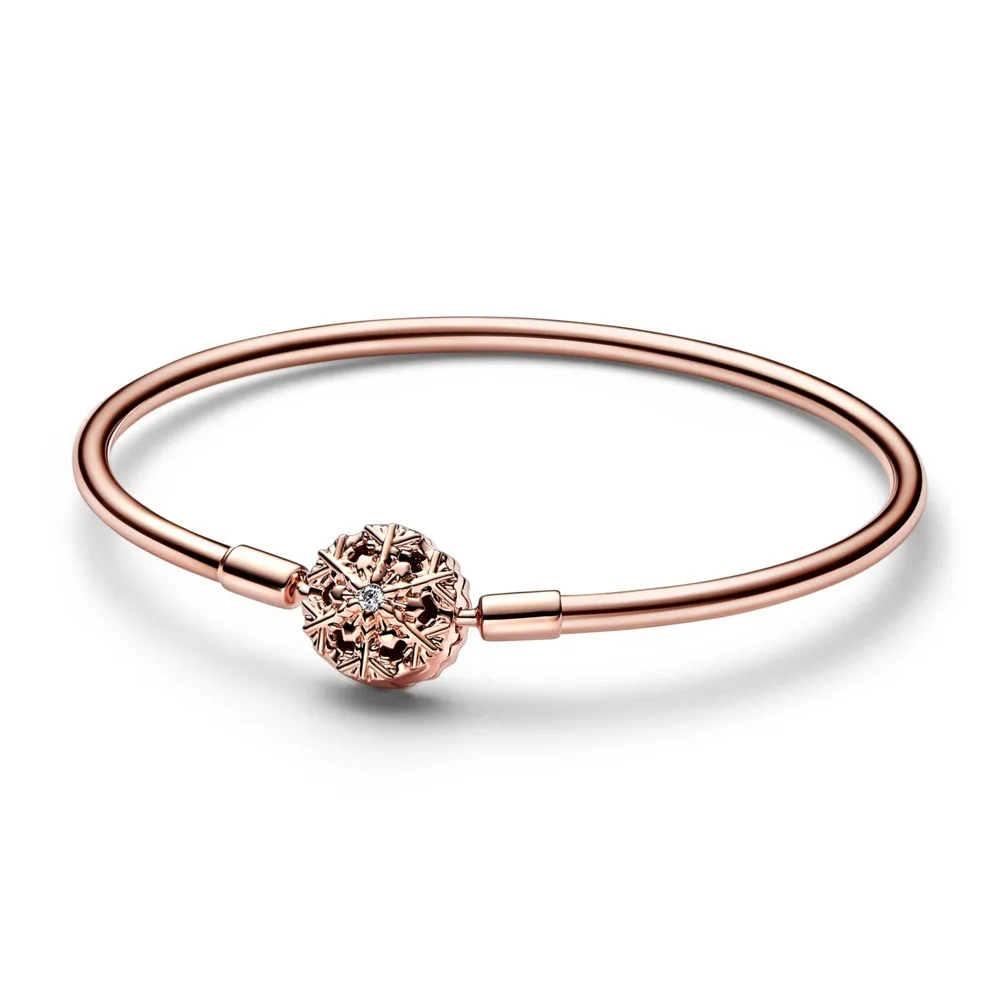 Snowflake Princess Heart Charms Beads Moments Clasp Bangle Rose Gold Women's Hand Bracelets S925 Silver Original Free Shipping