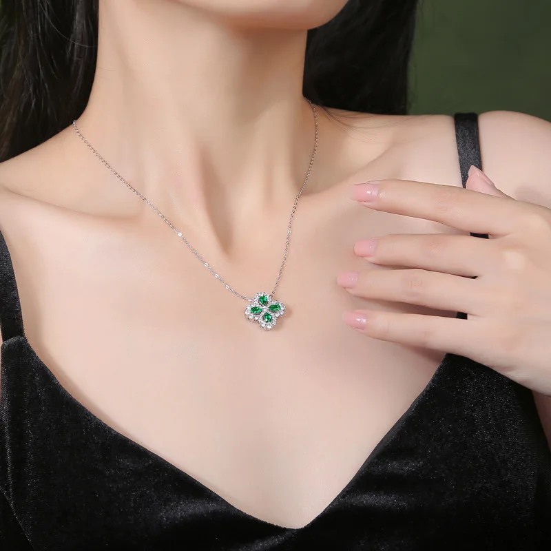 Exquisite Four Leaf Clover Lab Created Emerald Pendant 925 Sterling Silver Women's Neck Chain Lucky Fortune Valentine's Day Gift