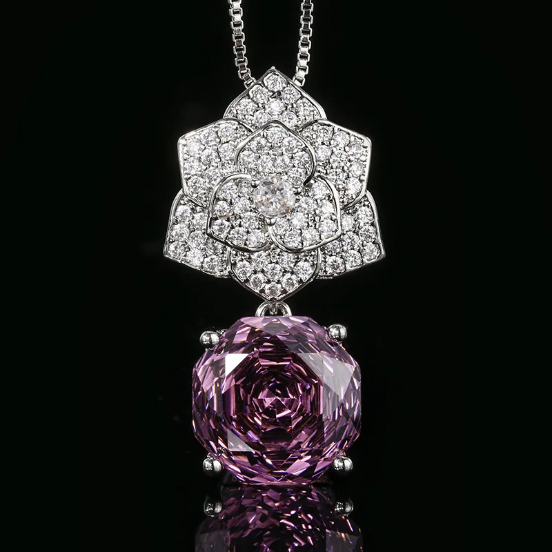 Rose Cut 12mm High Quality Zircon Violet Petal Pendant White Gold Plat