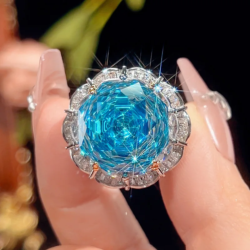 Rose Cut 16-10mm High Quality Zircon Aqua Blue White Gold Plated Elegant Jewelry Set Bridal Party Fashion Trendy