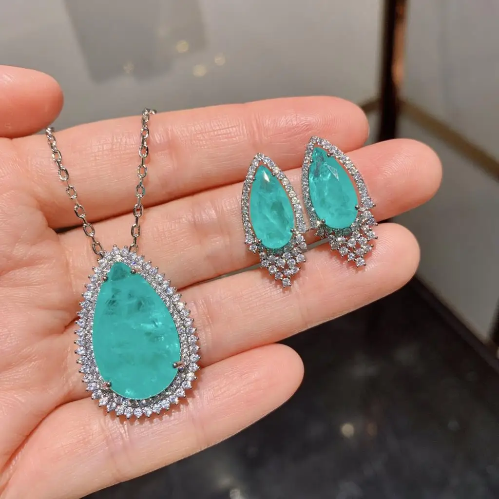 Graceful Drop Paraiba Tourmaline Set For Women Necklace Stud Earrings S925 Sterling Silver Jewelry Anniversary Gift Girlfriend