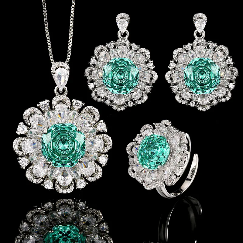 Millennium Cut 12-10mm High Quality Zircon Para Green White Gold Plated Flower Jewelry Set Retro Trendy