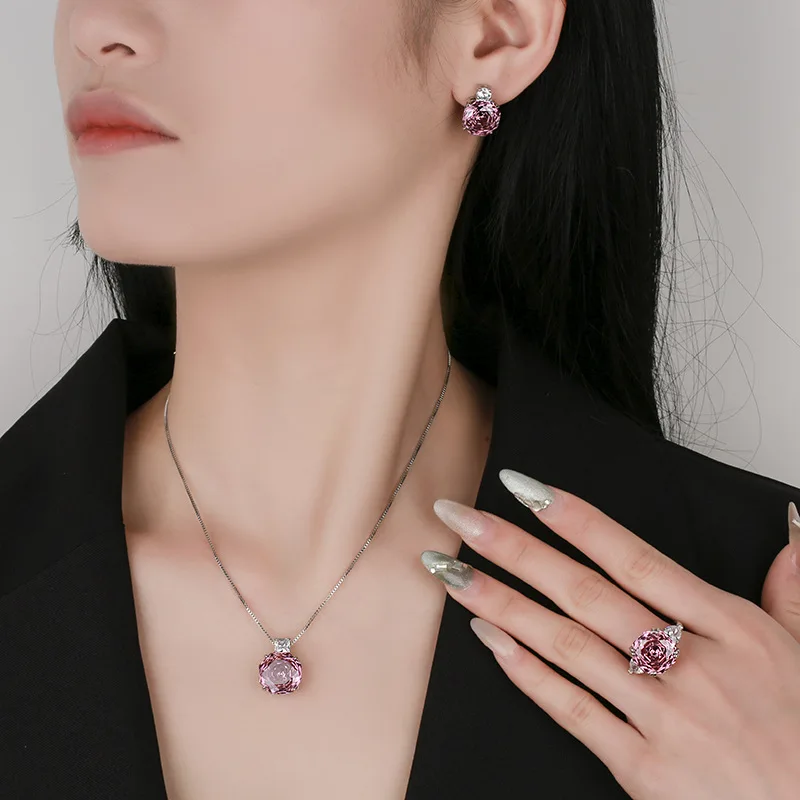 Rose Cut 14-12mm High Quality Zircon Dried Rose White Gold Plated Simple Jewelry Set Casual Fashion Trendy