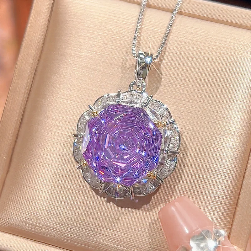 Rose Cut 16-10mm High Quality Zircon Violet White Gold Plated Luxury Jewelry Set Bridal Wedding Gift Trendy