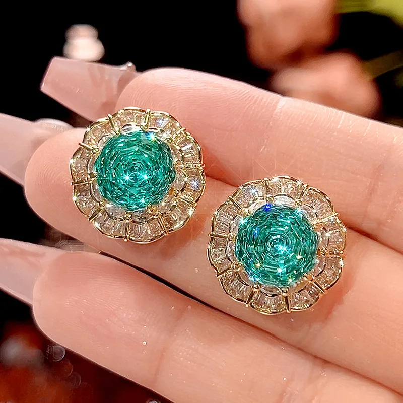 Para Green 16-14mm High Quality Zircon Vintage Brushed White Gold Plated Luxury Jewelry Set Retro Trendy