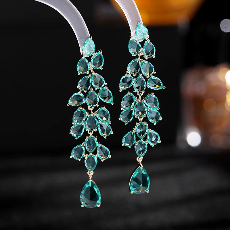 Fashion Tassel Green Purple Smart Leaf Zircon Earrings For Women Weddi
