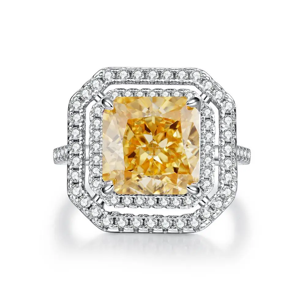 Yellow 5A Zircon S925 Sterling Silver Square Radiant Cut Ring For Women Girl Ice Flowers Wedding Ring Luxury Fine Jewelry Gift