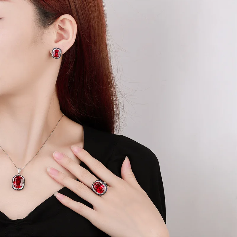 Jewelry Ruby Vintage Luxury Charm Personality Necklace Ring Earring Set For Women Main Stone 12 * 16-8 * 10 Zricon Wedding Party