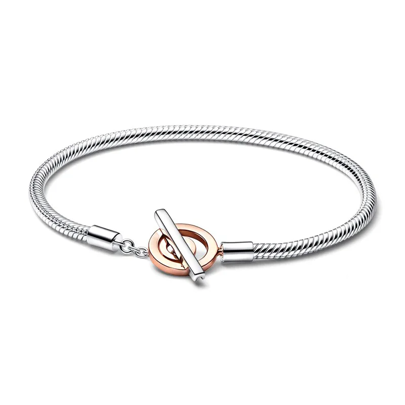 S925 Sterling Silver Jewelry Two-tone Logo T-bar Moments Heart Closure Snake Chain Bracelet For Women Men Luxury Charms Original