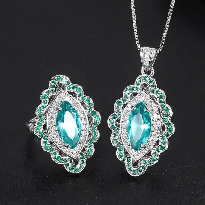 Elegant Marquise Cut Paraiba Tourmaline Vintage Jewelry Sets For Women Pendant Necklace Ring Popular Anniversary Gift Girl