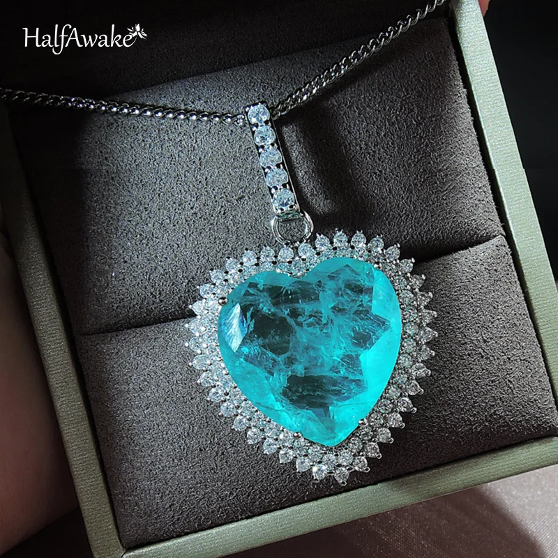 Romantic Lab Created Heart Emerald Paraiba Tourmaline Pendant Necklace Chain Luxury Jewelry Valentine's Day Gift