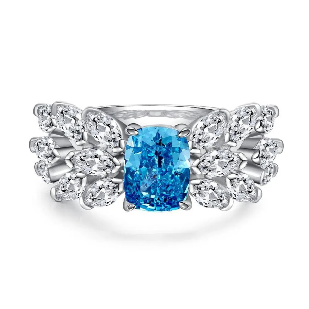 Oval Blue Gemstone Ring S925 Sterling Silver Fine Jewelry For Women Girl Emerald Cut  Lab Grown 5A Zircon High Carbon Diamond
