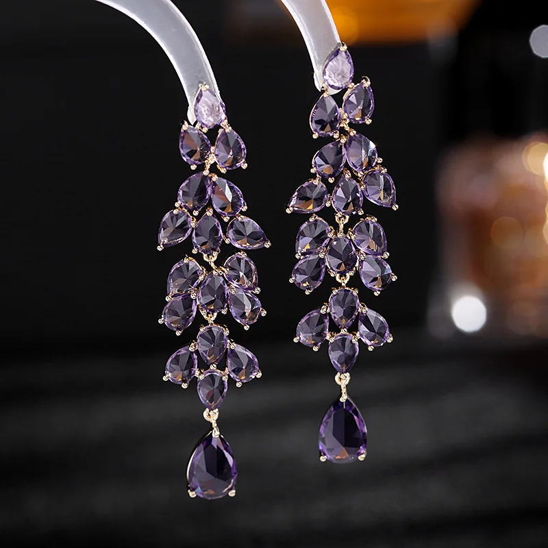 Fashion Tassel Green Purple Smart Leaf Zircon Earrings For Women Wedding Evening Dress Accessories Silver Plated Needle Jewelry