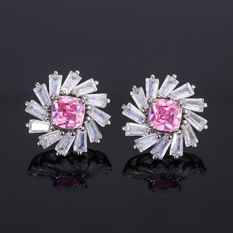 Beautiful Jewelry Set Fashion Pink Flower Pendant Necklace Zircon Rings For Women Small Earrings Cute Charm Valentine's Day Gift