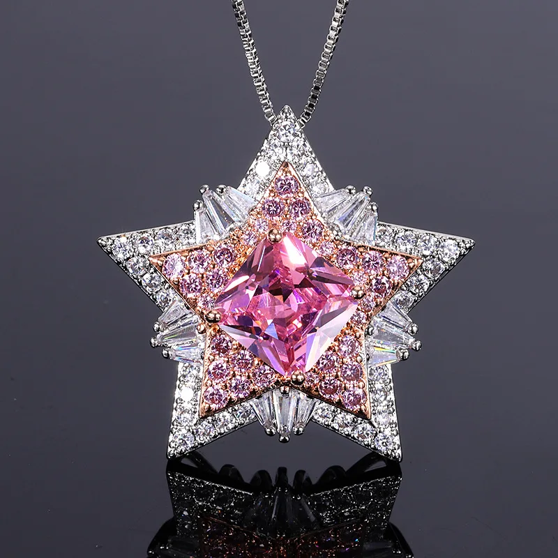 Rhinestones Smart Star Flower Necklace Female Pink Diamond Pentagram Ring Luxury Topaz Zircon Ring Charms Jewellery Women