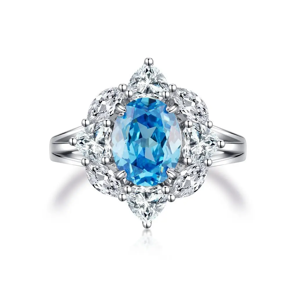 Oval Blue Gemstone Ring S925 Sterling Silver Fine Jewelry For Women Girl Emerald Cut  Lab Grown 5A Zircon High Carbon Diamond