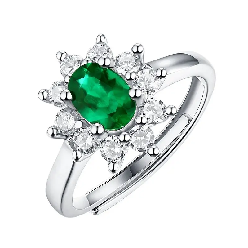 Elegant Flower Lab Created Oval Emerald Resizable Women's Finger Ring Popular 925 Sterling Silver Birthday Gift Girlfriend