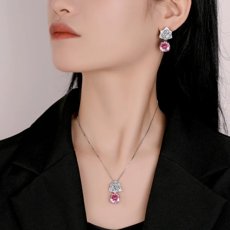 Rose Cut 12mm High Quality Zircon Pink Petal Pendant White Gold Plated Fashion Jewelry Set Best Seller Party Gift Trendy