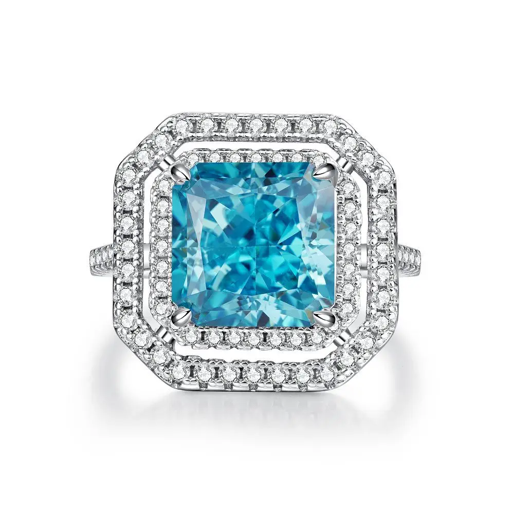 Oval Blue Gemstone Ring S925 Sterling Silver Fine Jewelry For Women Girl Emerald Cut  Lab Grown 5A Zircon High Carbon Diamond