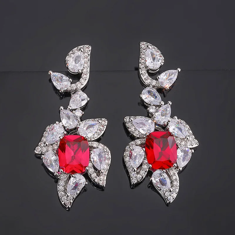 Rhinestones Jewelry Silver Luxury Woman New Ruby Tourmaline Ring Luxury Retro Earrings Temperament Necklace Sets For Women Gift
