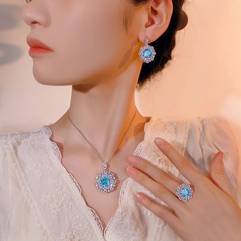 Millennium Cut 12-10mm Zircon Aqua White Gold Plated Blue Flower Big Necklace Earring Ring Jewelry Set Casual Fashion