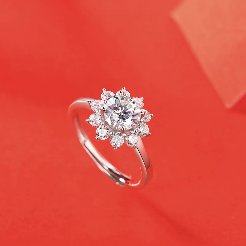 Dainty Sun Flower 1ct Moissanite Ring For Women Popular S925 Sterling Silver Adjustable Engagement Wedding Luxury Jewelry