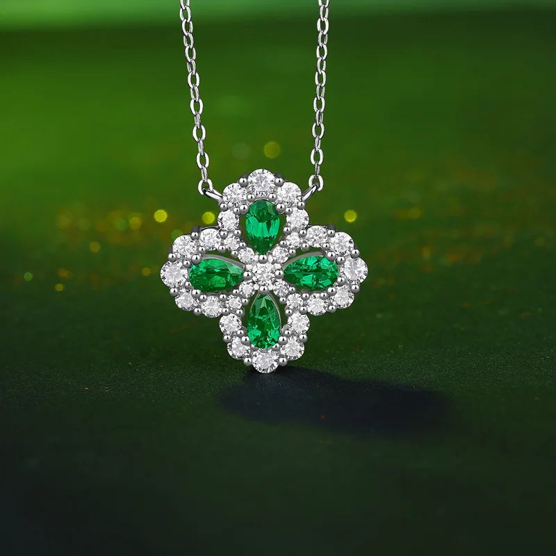 Exquisite Four Leaf Clover Lab Created Emerald Pendant 925 Sterling Silver Women's Neck Chain Lucky Fortune Valentine's Day Gift