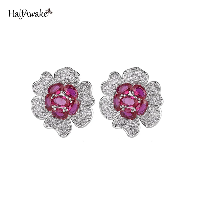 Exquisite Lab Created Ruby S925 Sterling Silver Flower Stud Earrings For Women Popular Luxury Jewelry Valentine's Day Gift