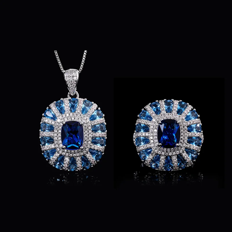 Sparkling Lab Created 7*9mm Sapphire Ruby Pink High Carbon Diamond Jewelry Set For Women Necklace Ring Engagement Wedding Luxury