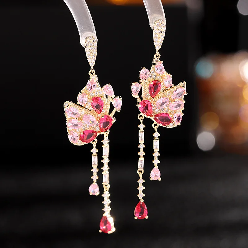 Ethnic Style Colorful Zircon Butterfly Earrings For Women Ladies Wedding Evening Dinner Long Tassel Silver Plated Needle Jewelry