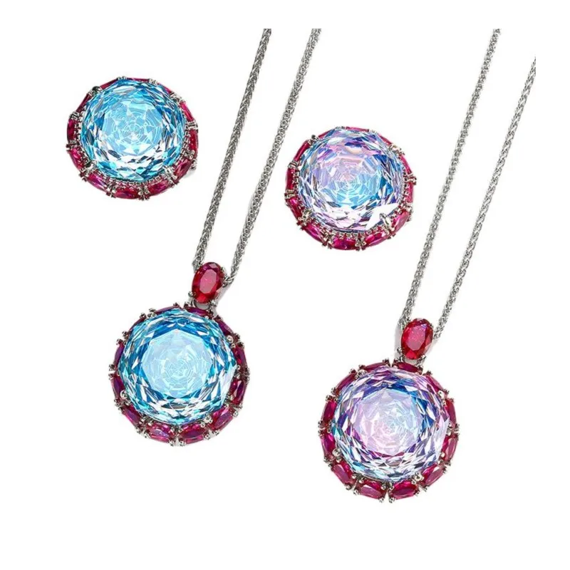 18mm Big Blue Pink Zircon Diamond Jewelry Set For Women Girl  Sparkling Rose Cut Stone Necklace Adjustable Ring Wedding Gift