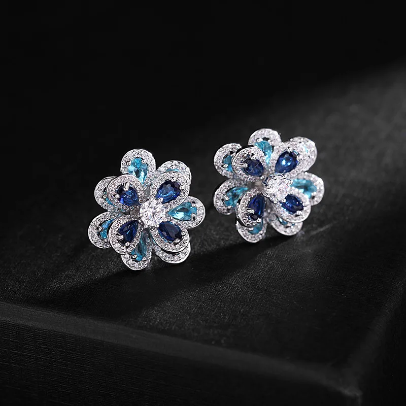 Double Layers Color Zircon Flower Earrings For Women Female Wedding Engagement Real Ag Needle HQD Stud Earrings New Trend