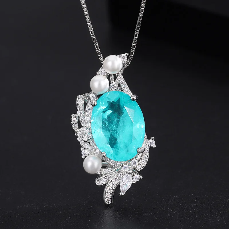 Sparkling Cubic Zirconia Paraiba Tourmaline Luxury Designer Jewelry Set For Women Pendant Necklace Ring Anniversary Gift Girl