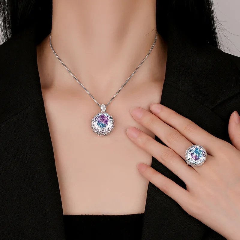 Rose Cut 18-16mm High Quality Zircon Dragon Fruit White Gold Plated Elegant Jewelry Set Wedding Party Fashion